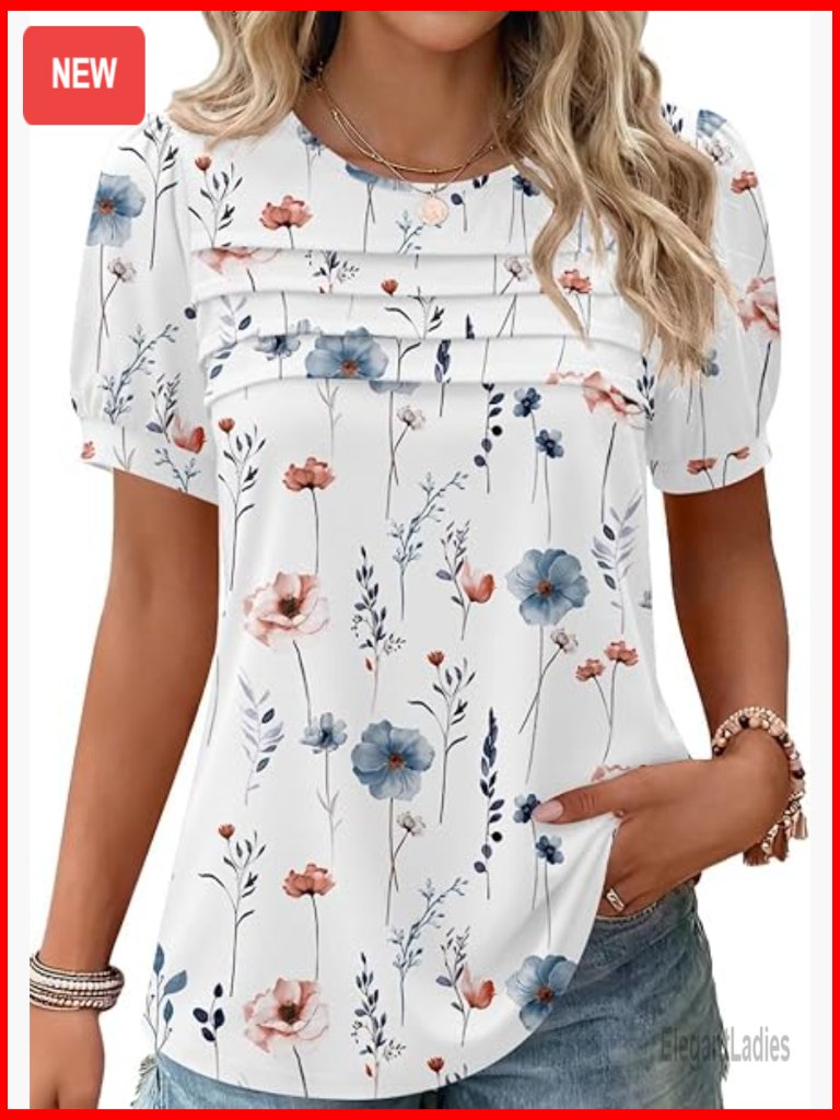 Women's Floral Boho Tunic Top With Puff Sleeves Summer Casual
